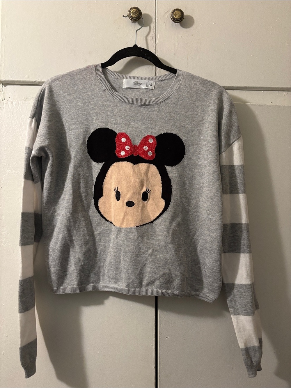 Disney Grey Sweater with Minnie Mouse Face and Red Bow